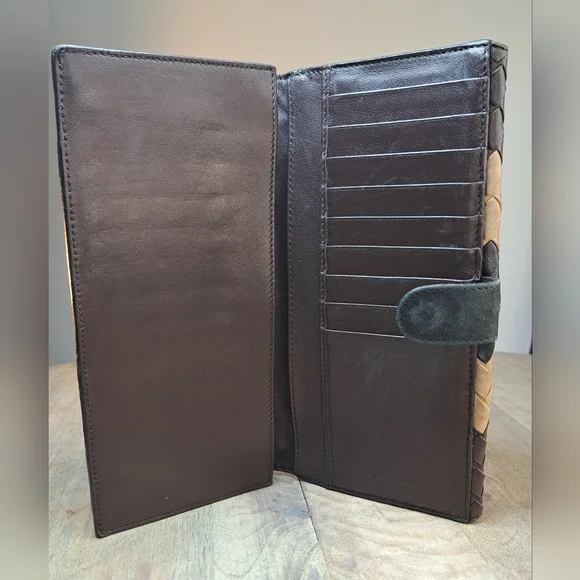 Bottega Veneta Intreccaito Black Brown and Tan Woven Wallet Clutch